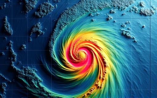 Imej satelit berwarna palsu yang menunjukkan corak angin siklon.