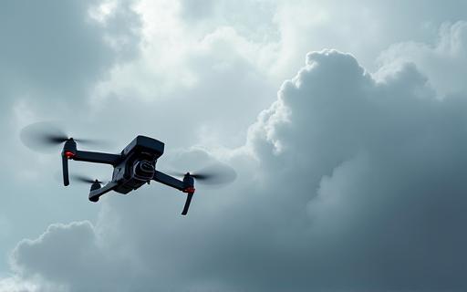 Dron pengawasan canggih terbang berhampiran awan kumulonimbus.