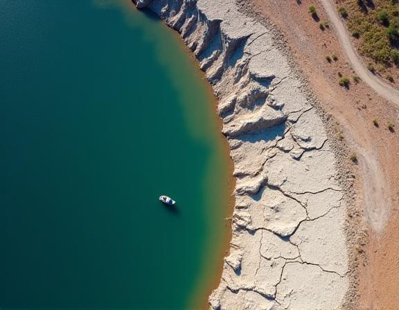 Gambar udara sebuah empangan dengan paras air yang sangat rendah menunjukkan tanah merekah.