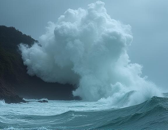 Gelombang besar menghempas pantai semasa Taufan Lekima.